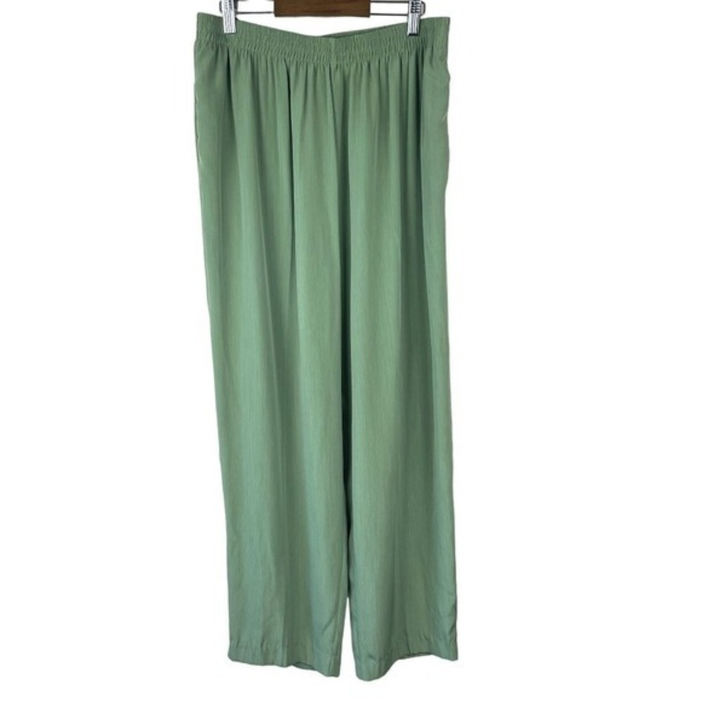 Vintage Roamans Wide Leg Pants Womens 6‎ Green Pull On Elastic Waist Pockets HR